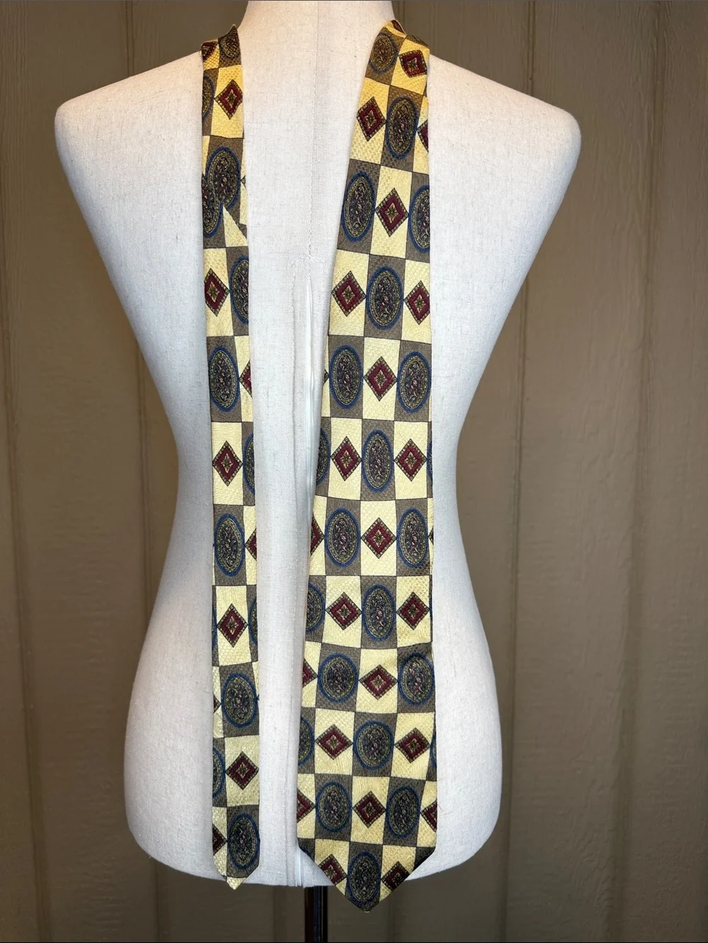 Vintage Bill Blass Silk Tie Gold Geometric Medallion 90s Academic